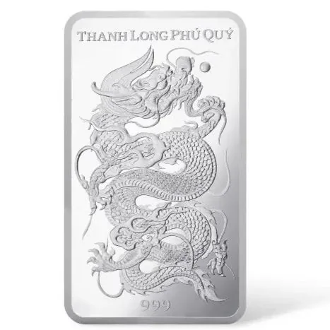 Mặt trước bạc miếng Thanh Long Phú Quý 999 1L chạm khắc rồng uy nghi