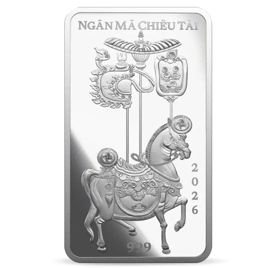Cận cảnh Bạc miếng Ngân Mã Chiêu Tài 999 1L thiết kế cho năm Bính Ngọ 2026