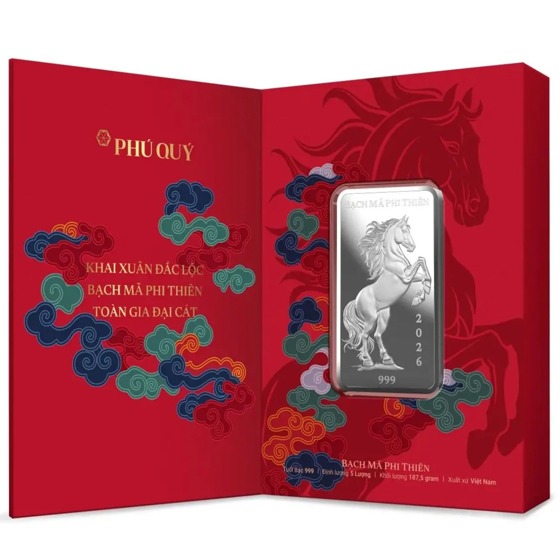 Mặt trước hộp đựng và bạc thỏi Bạch Mã Phi Thiên 999 5L