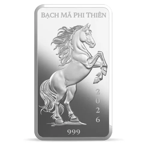 Cận cảnh mặt trước bạc thỏi Bạch Mã Phi Thiên 999 5L dập nổi 3D