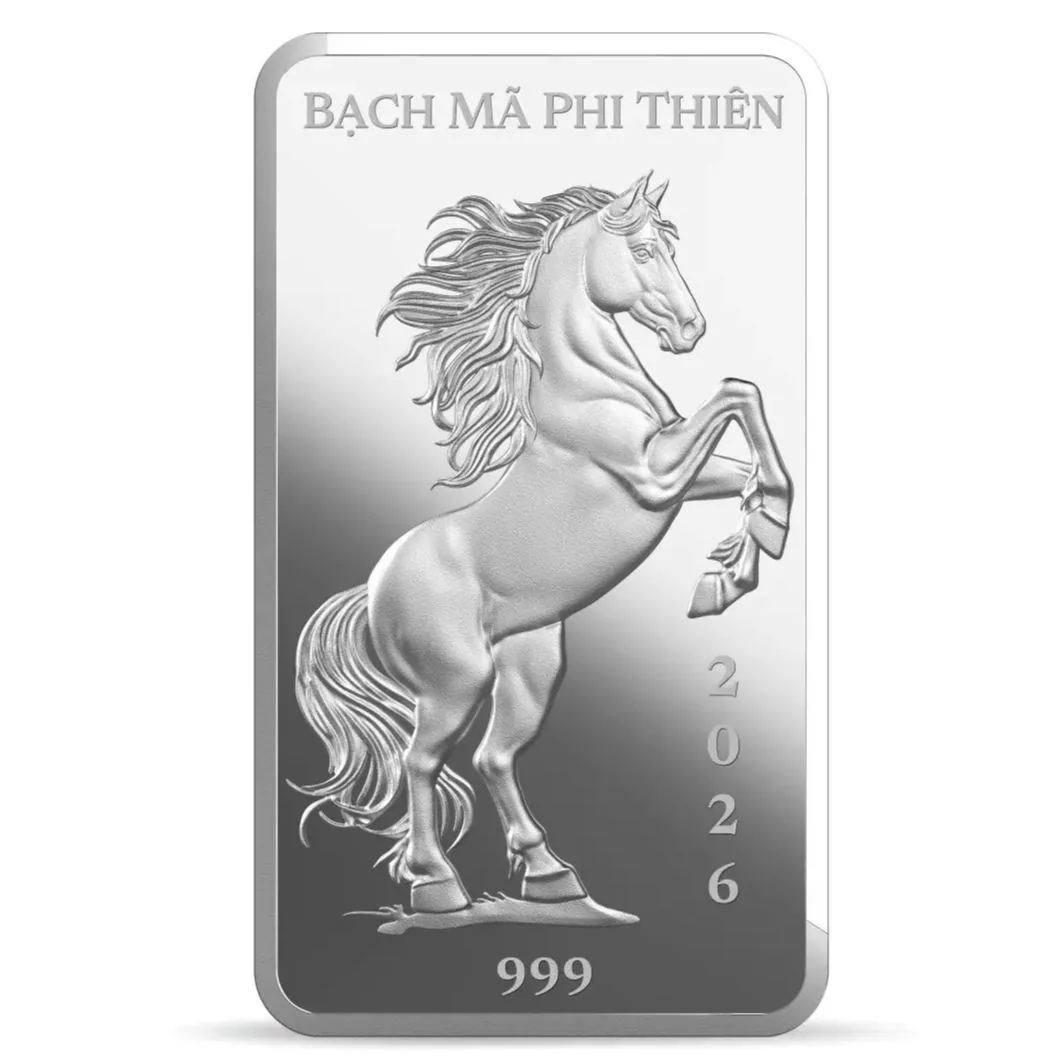 Cận cảnh mặt trước bạc thỏi Bạch Mã Phi Thiên 999 5L dập nổi 3D